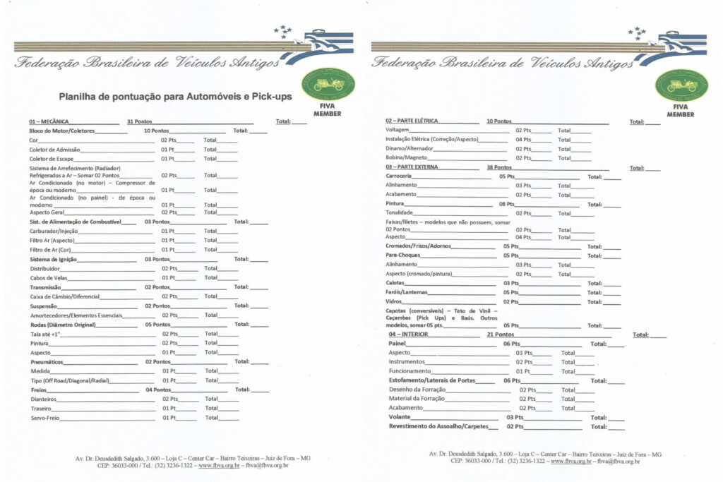 Planilha padrão FBVA com os itens inspecionados durante a vistoria do carro antigo. Foto Arte MILITEC Brasil