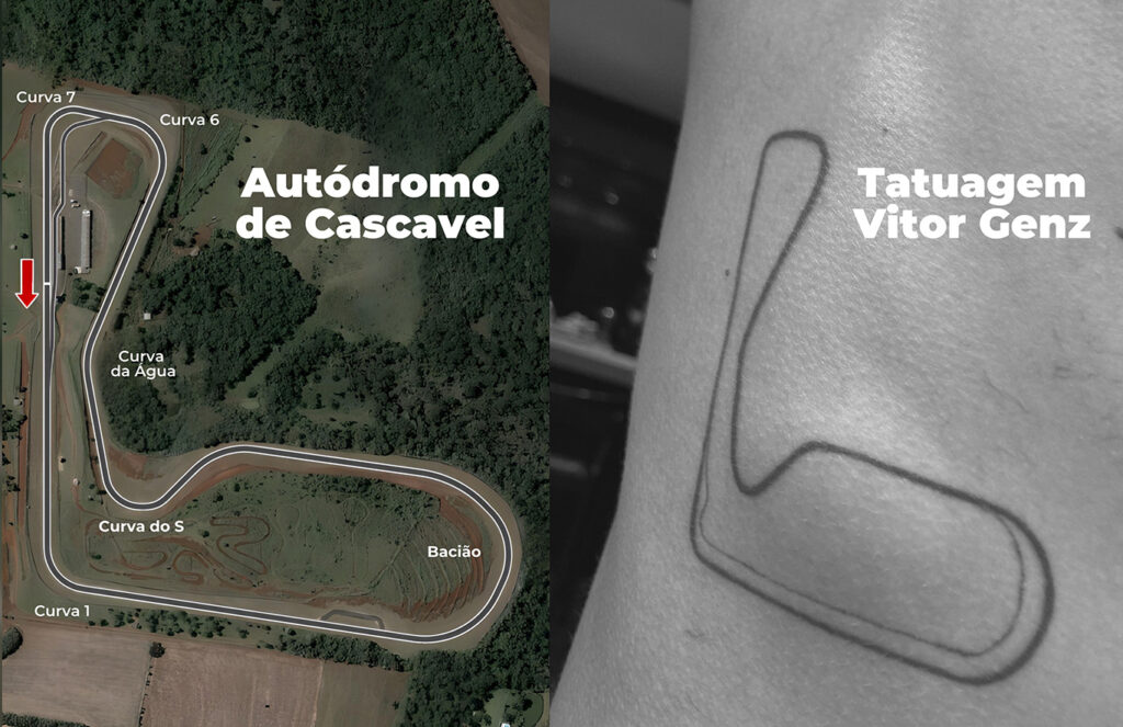 A tatuagem feita por Vitor Genz após vencer sua primeira corrida na Stock Car, justamente no autódromo de Cascavel.